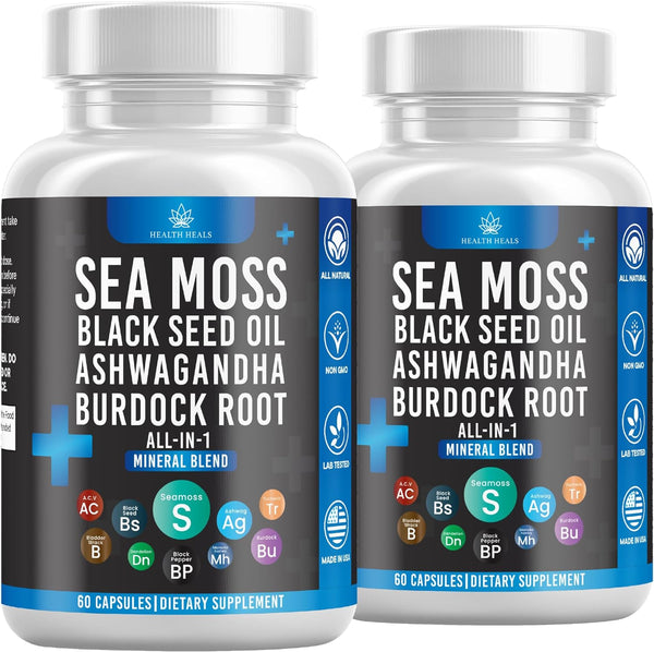 Sea Moss 3000 Black Seed Oil 2000 Ashwagandha 1000 Bladderwrack 1000 Burdock 1000-120 Count