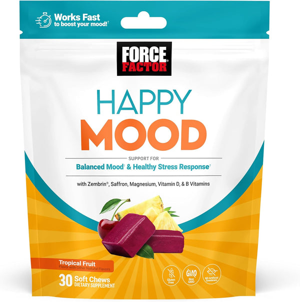 Happy Mood, Mood Support and Mood Balance Supplement to Support Happiness, Positivity, and Stress, Made with Magnesium, Saffron, Zembrin, Non-Gmo, Tropical Fruit Flavor, 30 Soft Chews