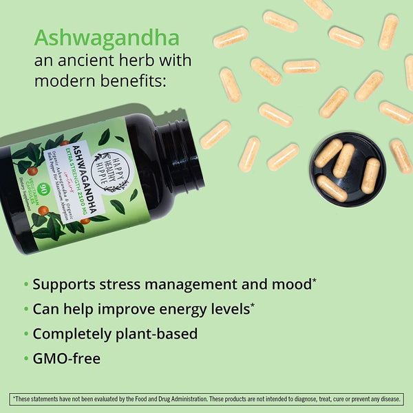 Organic Ashwagandha Capsules 2100Mg – Stress Relief Supplement - Extra Strength - 100% Herbal, USDA Organic Ashwagandha Root Powder Extract W/ Black Pepper - Energy, Mood & Cortisol Manager, 90 Ct​