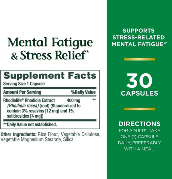 Mental Fatigue and Stress Relief, Rhodiola Supplement, 400 Mg, Capsules, 30 Count