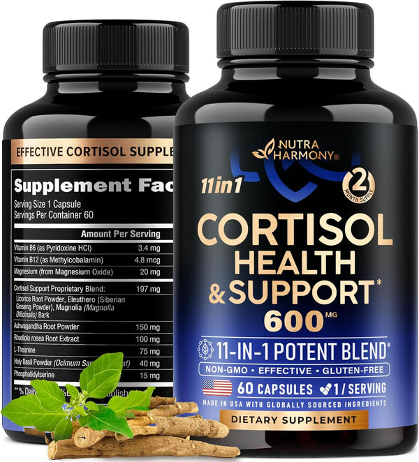 Cortisol Supplement - 11-In-1 Hormone Balance for Women 600 Mg - Made in USA Supplement - Mood, Focus, Sleep Support - Vegan, Non-Gmo, Natural Pills - 60 Capsules, 2 Month Supply