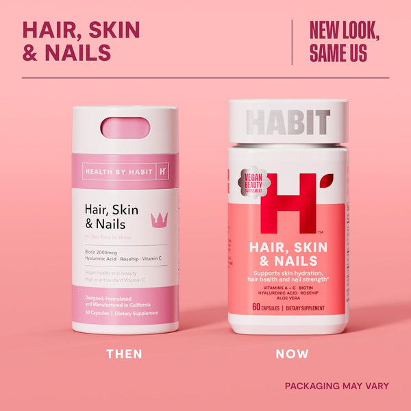 HABIT Hair, Skin & Nails Supplement (60 Capsules) - New Look, Supports Skin Hydration, Hair & Nail Strength, Biotin 2000Mcg, Vitamin a & C, Hyaluronic Acid, Rosehip, Vegan, Non-Gmo (1 Pack)