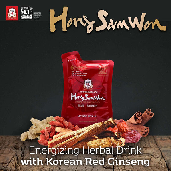 Korean Red Ginseng Drink with Ginger Extract, Goji Berry, Cinnamon, Asian Herbal Tea Pre Workout Energy Booster Drinks Hong Sam Won Increase Productivity, Circulation - 20 Pouches