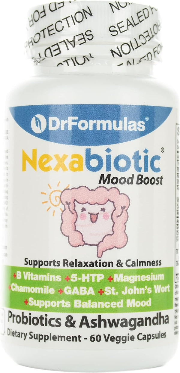 Mood Boost Probiotics with Stress B Complex Vitamins for Kids, Women, Men | Nexabiotic Supplement with Ashwagandha Capsules, St Johns Wort, GABA, Magnesium for Calm, 60 Count