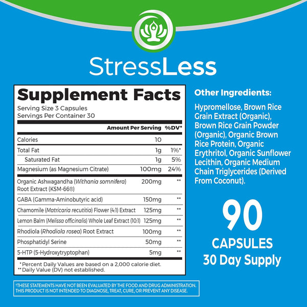 Stressless, Vegan Stress Relief Supplement - Blend of Magnesium, Lemon Balm, GABA, 5 HTP, Rhodiola Rosea, Ashwagandha and Chamomile, Gluten Free, Doctor Formulated - 90 Count, 30 Day Supply