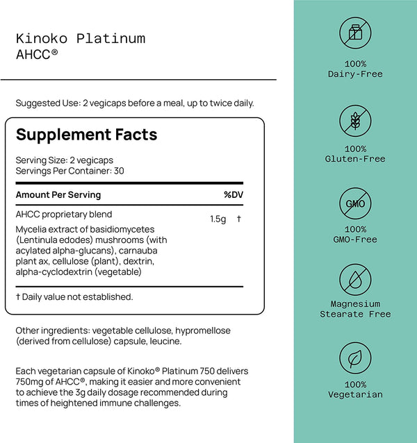 Premium Kinoko Platinum AHCC Herbal Supplement, 750Mg of AHCC per Capsule, for Immune Support, Liver Function, Maintains Natural Killer Cell Activity, 1 Pack, 60 Veggie Capsules