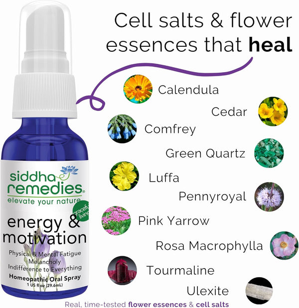 Remedies Energy & Motivation Spray for Physical & Mental Fatigue | 100% Natural Homeopathic Remedy with Traditional Homeopathic Ingredients, Cell Salts and Flower Essences | No Alcohol No Sugar