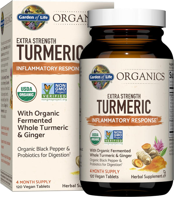 Organics Extra Strength Turmeric Inflammatory Response 120 Tablets-100Mg Curcumin (95% Curcuminoids) Black Pepper, Probiotics, Organic Non-Gmo Vegan Gluten Free Herbal Supplement