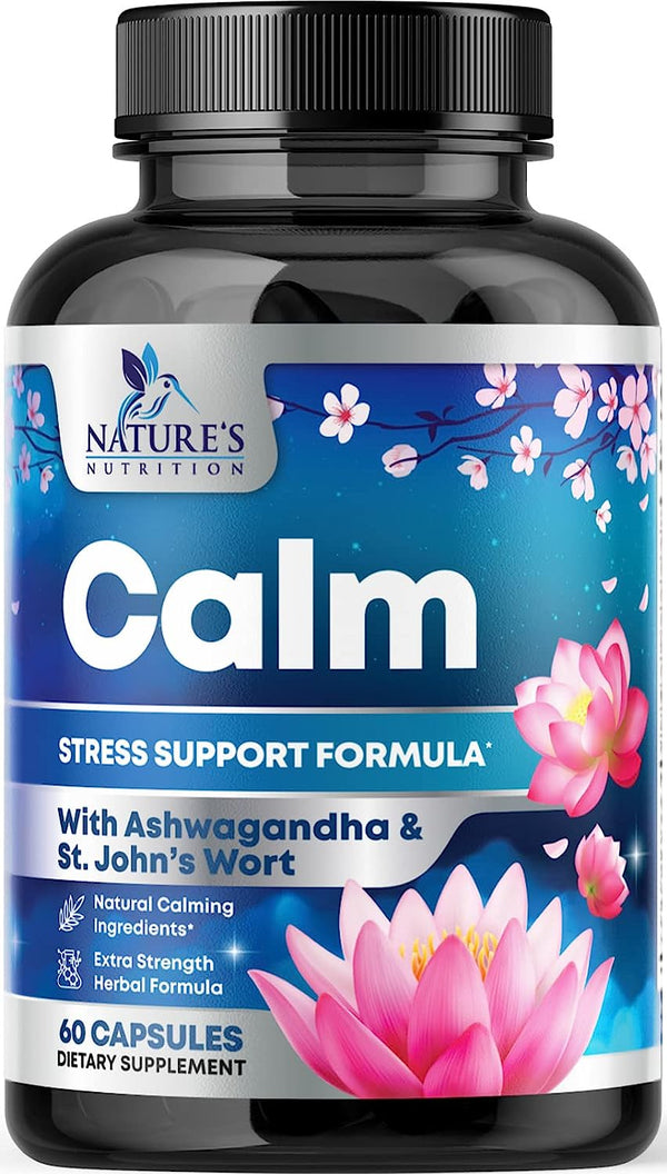 Calm & Stress Support Supplement - with Magnesium, Ashwagandha, 5-HTP, L-Theanine, GABA - Natural Stress & Immune Support to Relax, Focus, Unwind - Vegan & Non-Gmo - 60 Capsules