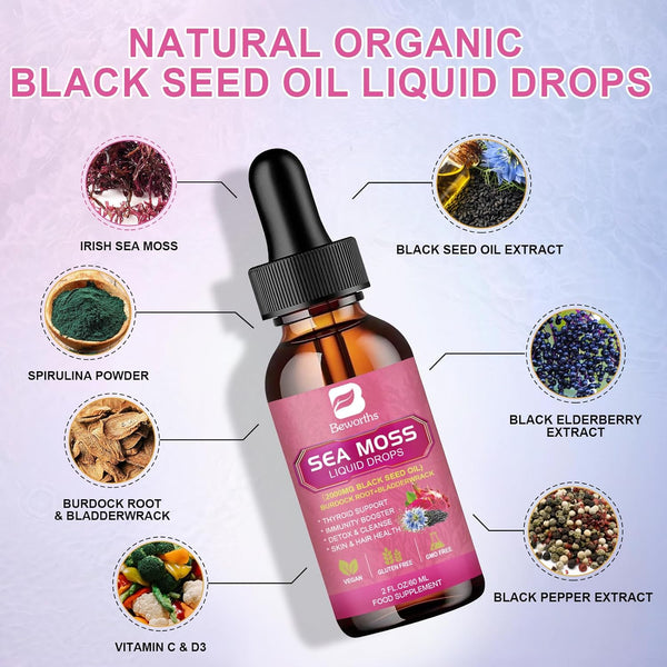 3000Mg Sea Moss Liquid Drops - Organic Black Seed Oil & Irish Sea Moss Gel with Burdock Root Bladderwrack, Elderberry, 6X Stronger Qrganic Seamoss Raw for Immunity Booster, Hair, Skin Digestive Health