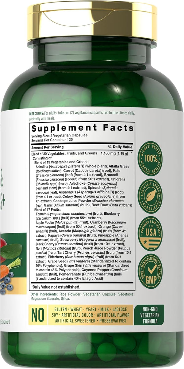 Fruits and Veggies Supplement | 250 Capsules | Made with 30 Fruits and Vegetables | Vegetarian, Non-Gmo, Gluten Free Superfood Formula