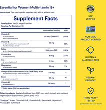 Multivitamin for Women 18+ with Vitamin D3 for Immune Support*, Vegan Omega 3 DHA, B12, Iron, Gluten Free, Non GMO, USP Verified, 30 Day Supply, 60 Capsules