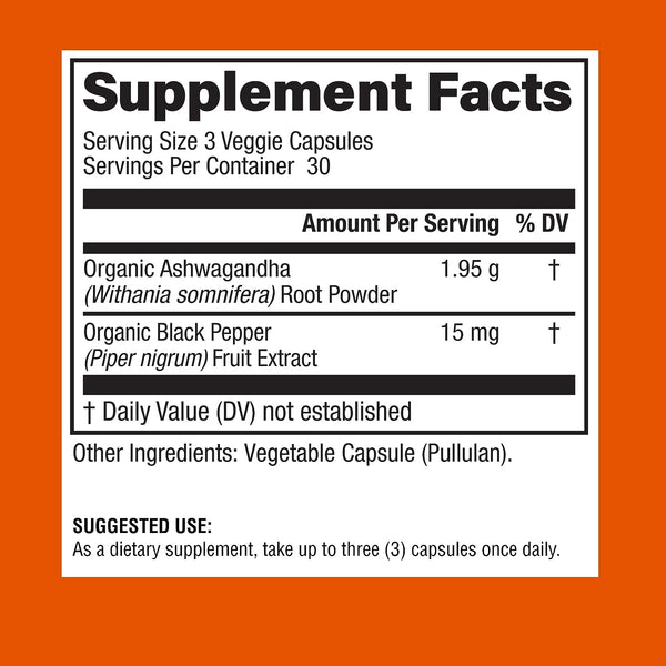 Ashwagandha Supplement - 1950Mg of Bioavailable Organic Ashwagandha Root Powder - Black Pepper Extract, Stress Support, Mood Support Supplement, 90 Veggie Ashwagandha Capsules