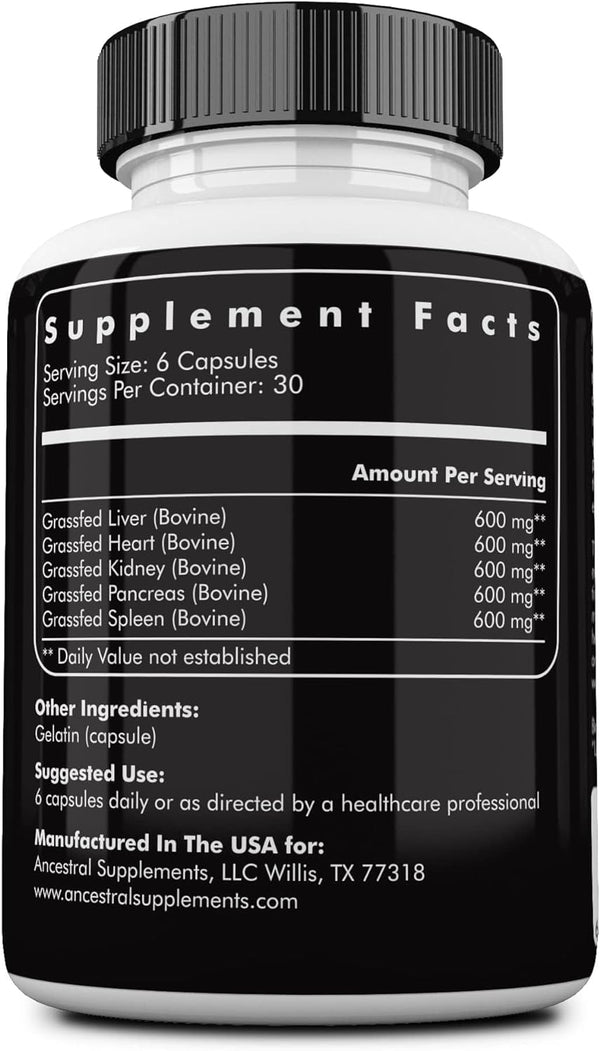 Grass Fed Beef Organ Supplement, Supports Whole Body Wellness with Proprietary Blend of Liver, Heart, Kidney, Pancreas, Spleen, Freeze-Dried Beef, Non-Gmo, 180 Capsules