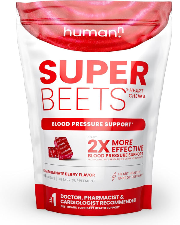 Superbeets Heart Chews - Nitric Oxide Production and Blood Pressure Support - Grape Seed Extract & Non-Gmo Beet Energy Chews - Pomegranate Berry Flavor - 60 Count