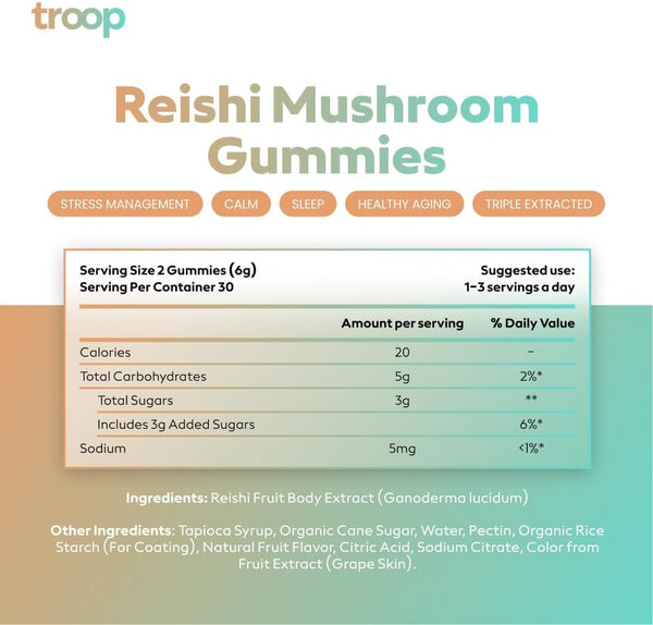 Daily Mushroom Reishi Gummy for Stress Management, Calm, Sleep, Healthy Aging - Adaptogen & Immune Boosting Supplement with Triple Extracted Reishi Fruit Body- Vegan, Delicious Gummies, 60 Count