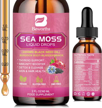 3000Mg Sea Moss Liquid Drops - Organic Black Seed Oil & Irish Sea Moss Gel with Burdock Root Bladderwrack, Elderberry, 6X Stronger Qrganic Seamoss Raw for Immunity Booster, Hair, Skin Digestive Health