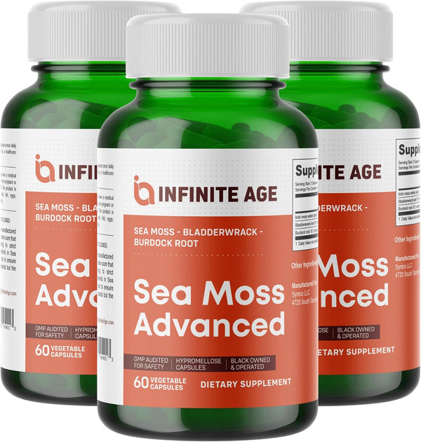 : 3 Pack, 1250Mg Sea Moss Advanced Superfood, High-Potency, Vegan, Made in the USA - Irish Sea Moss, Bladderwrack, Burdock Root - Overall Health, Immunity Support, 180 Sea Moss Capsules