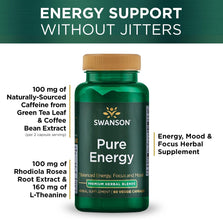 Pure Energy Metabolism Concentration Mental Focus Mood Support Stress Management Adaptogenic Herbs Herbal Supplement 60 Veggie Capsules (Veg Caps) Vegan