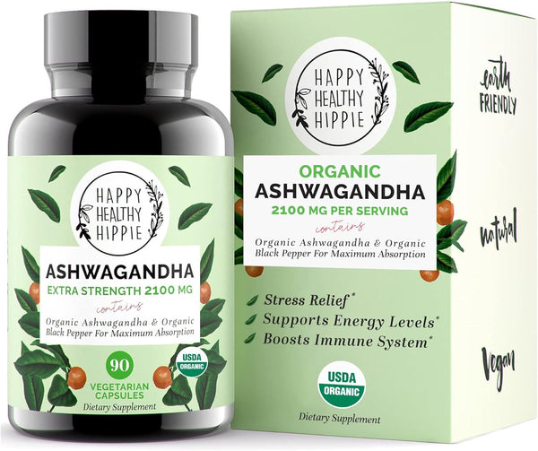 Organic Ashwagandha Capsules 2100Mg – Stress Relief Supplement - Extra Strength - 100% Herbal, USDA Organic Ashwagandha Root Powder Extract W/ Black Pepper - Energy, Mood & Cortisol Manager, 90 Ct​