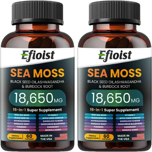 Sea Moss 6000Mg Black Seed Oil 4000Mg Ashwagandha 2000Mg & Burdock Root/Turmeric/Bladderwrack, 18650Mg Sea Moss Supplement, Multimineral Blend Seamoss Black Seed Oil Ashwagandha Ginger - 120 Count