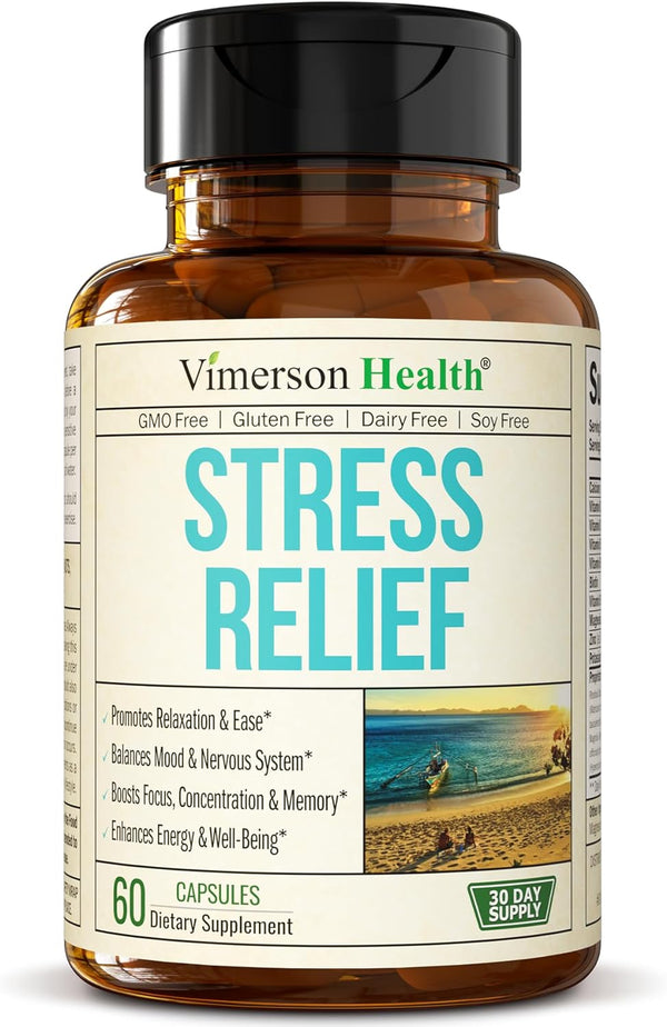 Stress Relief Supplement with 5HTP, Ashwagandha, Valerian, St John’S Wort, GABA, Chamomile & B-Vitamins - Promotes Relaxation, Sleep, Calm & Balanced Mood, Energy & Focus. Vegan, Non-Gmo, 60 Capsules