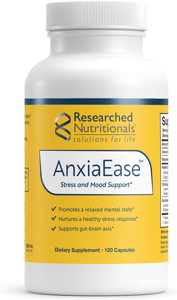 Anxiaease - Stress, Cortisol Management & Mood Support Supplement - Botanicals, Vitamin B6, Magnesium & 'Psychobiotic' Probiotic Strains (120 Capsules)