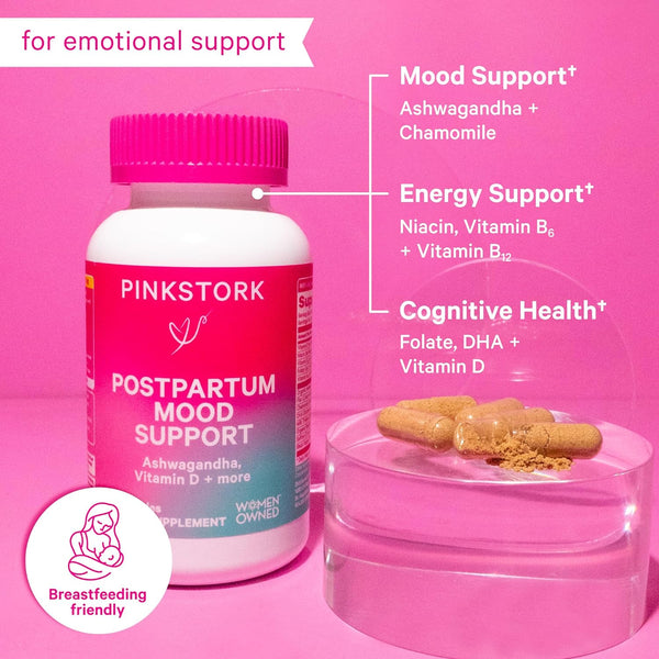 Postpartum Mood Support - Postnatal Hormone Balance for Women - Breastfeeding Friendly - Stress & Cognitive Support, New Mom Essentials - Ashwagandha, Chamomile, & Vitamin D, 60 Capsules