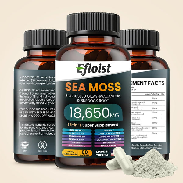 Sea Moss 6000Mg Black Seed Oil 4000Mg Ashwagandha 2000Mg & Burdock Root/Turmeric/Bladderwrack, 18650Mg Sea Moss Supplement, Multimineral Blend Seamoss Black Seed Oil Ashwagandha Ginger - 120 Count