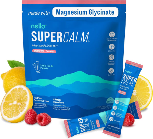 Supercalm Powdered Drink Mix, Raspberry Lemonade, L Theanine, Ksm-66 Ashwagandha, Magnesium Glycinate, Vitamin D 3, Supplements for Relaxation & Focus, No Sugar, Non GMO, Vegan, on the Go, 20 Ct