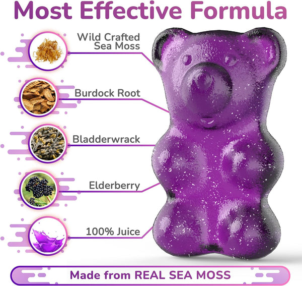 Natural Sea Moss Gummies with Elderberry Contains Irish Sea Moss, Elderberry Extract, Burdock Root, Bladderwrack, 60 Pcs Gel Gummies for Thyroid, Immune Support, Energy, Pack of 1