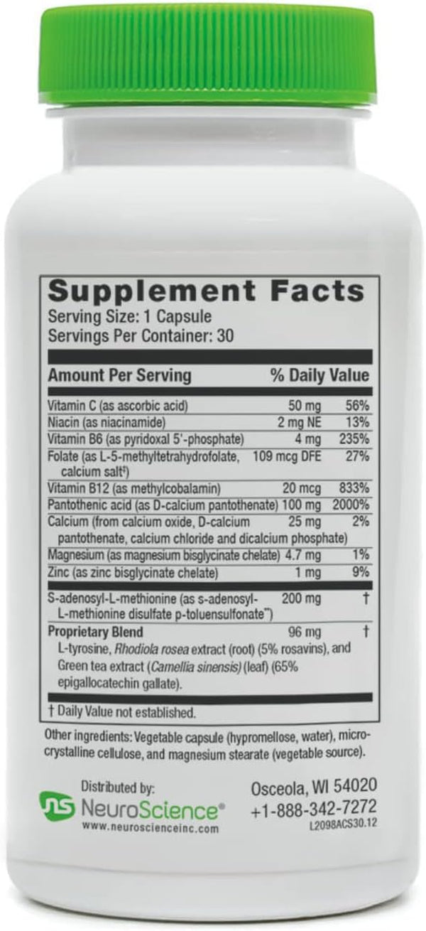 Adrecor with Sam-E - Adrenal & Mood Support Supplement with Vitamin C, Rhodiola, B12 and B6 Vitamins for Energy Support, Fatigue + Stress Management (30 Capsules)