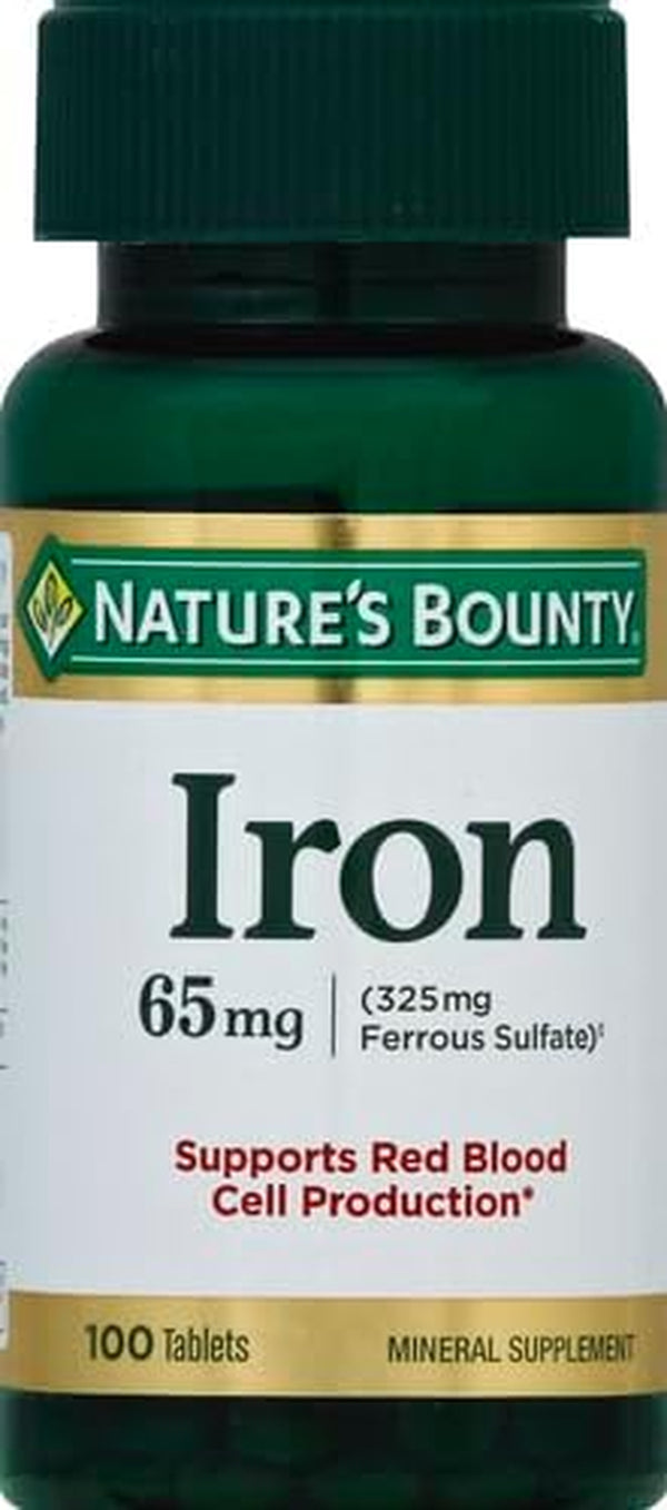 Iron 65Mg, 325 Mg Ferrous Sulfate, Cellular Energy Support, Promotes Normal Red Blood Cell Production, 100 Tablets