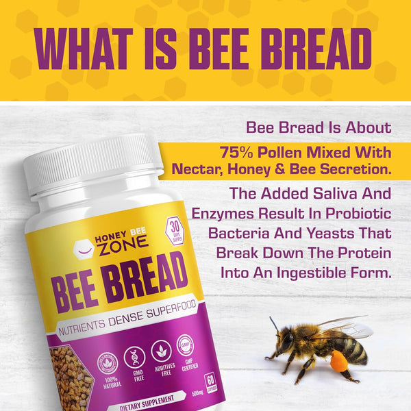 100% Natural Raw Beebread in Veggie Caps, Multivitamin, Fermented Pollen, Optimum Nutrition, Probiotic, Superfood, Vital Proteins, Amino Acids, Immune Support & Energy Supplement 60 Ct.