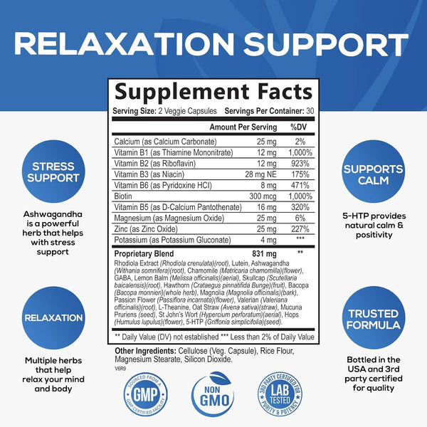 Calm & Stress Support Supplement - with Magnesium, Ashwagandha, 5-HTP, L-Theanine, GABA - Natural Stress & Immune Support to Relax, Focus, Unwind - Vegan & Non-Gmo - 60 Capsules