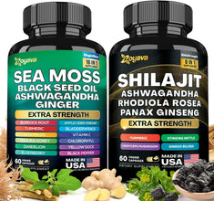 Dynamic Vitality Bundle, Sea Moss and Shilajit Bundle, Sea Moss 7000Mg, Black Seed Oil 4000Mg, Ashwagandha 2000Mg, Ginger & Shilajit 9000Mg, Rhodiola Rosea 1000Mg, Panax Ginseng (60 Count)