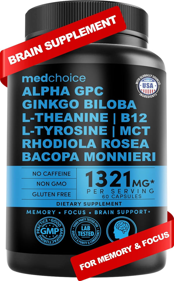 11-In-1 Nootropic Brain Supplements: Memory & Focus Supplement with Ginkgo Biloba, L Theanine, Bioperine, & Alpha GPC Choline - 1321Mg, 60Ct - Stimulant Free, Vegan - Focus Brain Support (1 Pack)