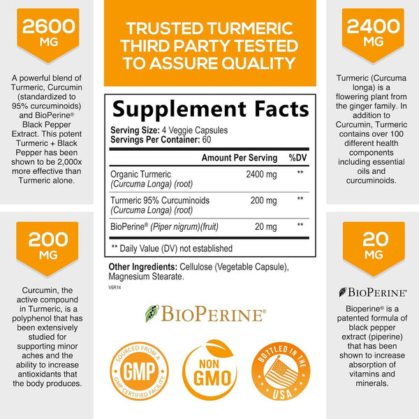 Turmeric Curcumin Supplement with Bioperine 95% Curcuminoids 2600Mg with Black Pepper for Best Absorption, Bottled in USA, Best Natural Vegan Joint Support, Nature'S Tumeric Capsules - 240 Capsules