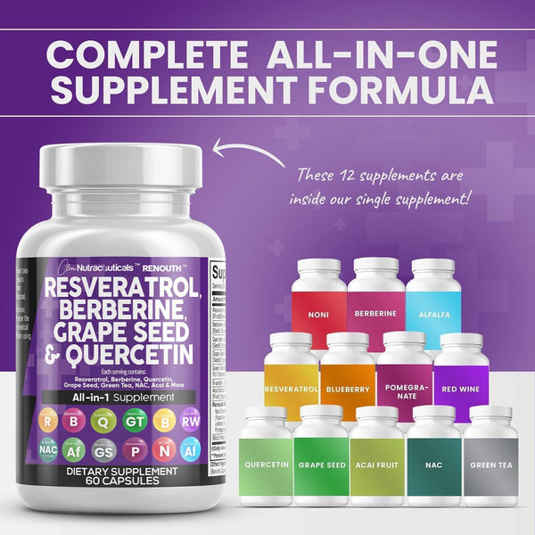 Resveratrol 6000Mg Berberine 3000Mg Grape Seed Extract 3000Mg Quercetin 4000Mg Green Tea Extract - Polyphenol Supplement for Women and Men with N-Acetyl Cysteine, Acai Extract - 60 Capsules