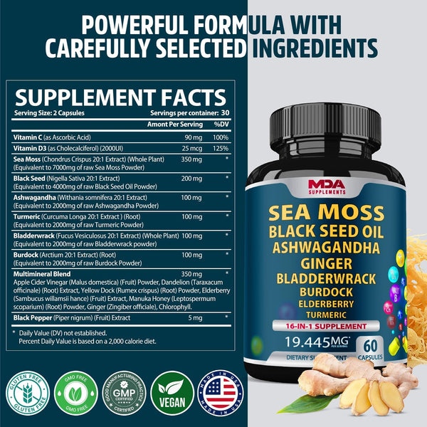 Sea Moss Black Seed Oil Ashwagandha Ginger, Sea Moss Capsules with Burdock Root, Organic Seamoss Pills, Irish Sea Moss with Bladderwrack Turmeric Manuka Honey Chlorophyll Multimineral Supplement, USA