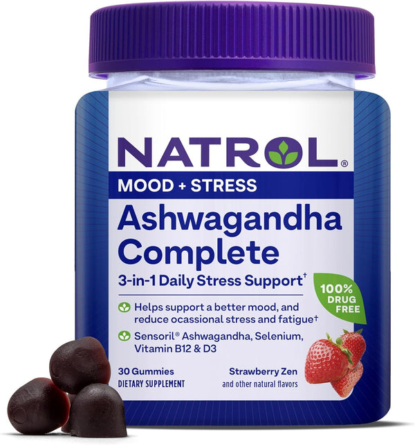 Ashwagandha Complete, 3-In-1 Daily Stress Support Gummies, Stress and Mood Support Supplement, 30 Strawberry Zen-Flavored Ashwagandha Gummies, 15 Day Supply