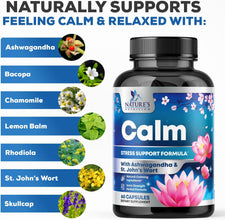 Calm & Stress Support Supplement - with Magnesium, Ashwagandha, 5-HTP, L-Theanine, GABA - Natural Stress & Immune Support to Relax, Focus, Unwind - Vegan & Non-Gmo - 60 Capsules