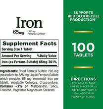 Iron 65Mg, 325 Mg Ferrous Sulfate, Cellular Energy Support, Promotes Normal Red Blood Cell Production, 100 Tablets