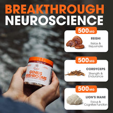 Genius Mushroom - Lions Mane, Cordyceps and Reishi - System Booster & Nootropic Supplement - for Energy & Support, 90 Veggie Pills