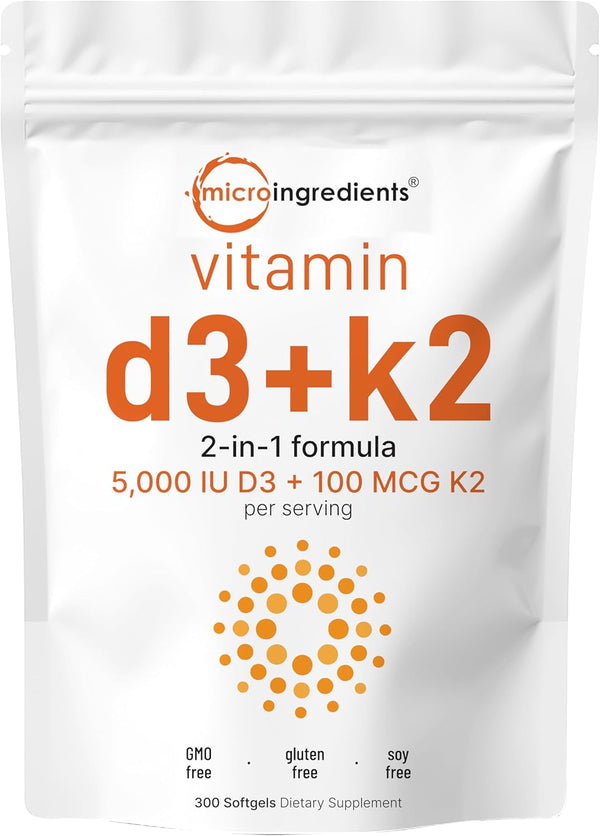 Vitamin D3 5000 IU with K2 100 Mcg, 300 Soft-Gels | K2 MK-7 with D3 Vitamin Supplement, 2 in 1 Support Immune, Heart, Joint, Teeth & Bone Health - Easy to Swallow