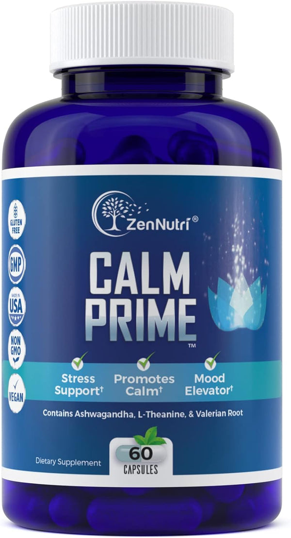 Calm Prime Stress Relief Supplement Non-Drowsy | Mood Support Supplement | Mood Boost | Vegan Daytime Stress Supplements Calm Aid | Stress Vitamins - Ashwagandha, Valerian Root - 60 Count