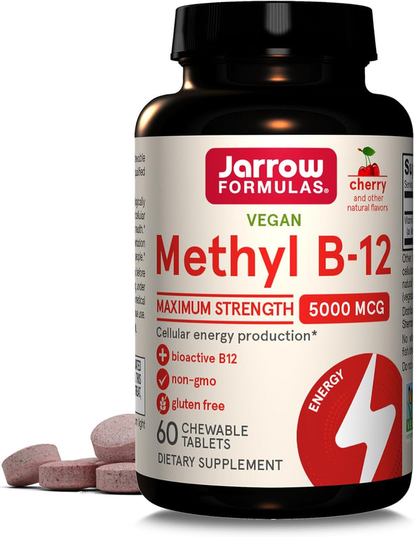 Maximum Strength Methyl B-12 5000 Mcg, Dietary Supplement for Cellular Energy Production and Brain Health Support, 60 Cherry-Flavored Chewable Tablets, 60 Day Supply