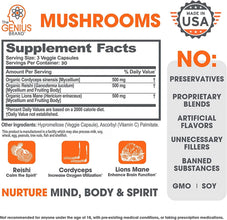 Genius Mushroom - Lions Mane, Cordyceps and Reishi - System Booster & Nootropic Supplement - for Energy & Support, 90 Veggie Pills