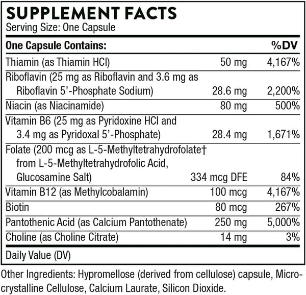 Stress B-Complex - Vitamins B2, B6, B12, and Folate in Highly-Absorbable and Active Forms - Extra Vitamin B5 for Adrenal Support, Stress Management and Immune Function - 60 Capsules