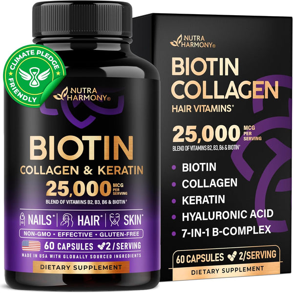 Biotin | Collagen | Keratin | Hyaluronic Acid - Hair Growth Support Supplement | Skin & Nails Beauty Complex 25000 Mcg - B1 | B2 | B3 | B6 | B7 - Made in USA - for Women & Men | 60 Capsules